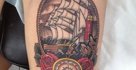 ship tattoo for legs
