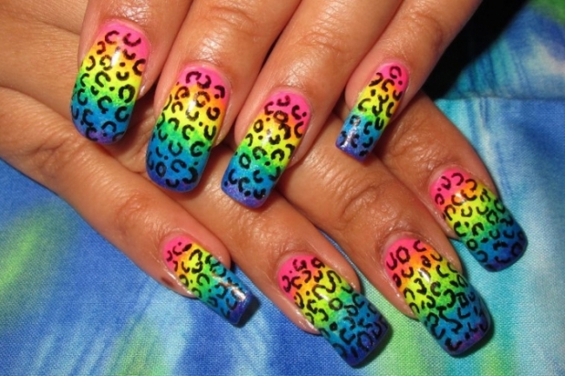 Neon Rainbow Leopard Print Nail Art